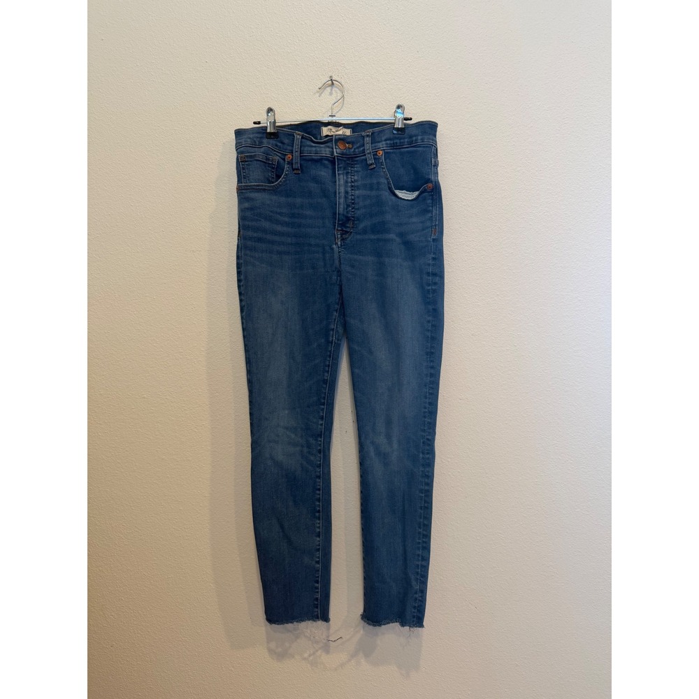 Madewell High Rise Skinny Jeans Medium Wash Blue Raw Hem Size 28